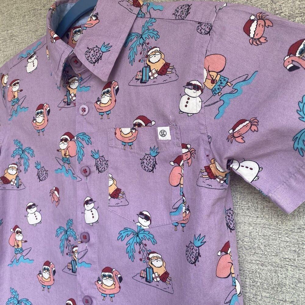 Boys Christmas Shirt 5T 100% Cotton Purple Tropical Beach Santa Surf Button SS